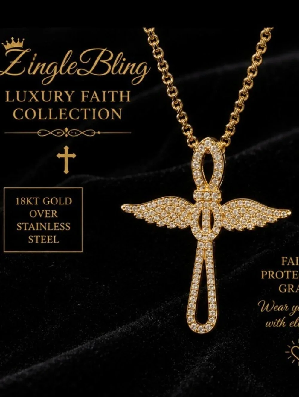 18K Gold Over Stainless Steel Angel Wing Cross Necklace CZ Christian Faith 18+2